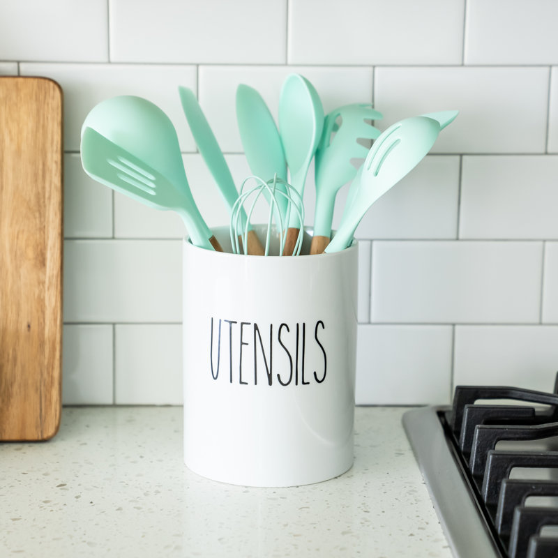 Farmhouse White Ceramic Utensil Holder – Large Countertop Crock for Kitchen Tools, Modern Minimalist Organizer