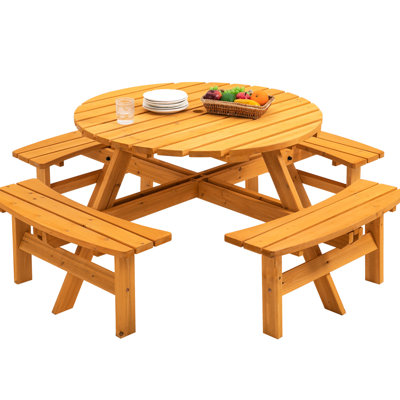 Mobilier de pique-nique d'extérieur commercial robuste pour 8 personnes, bois de sapin épaissi, table de 43,3 pouces, quatre bancs, ensemble de 2 douilles de parasol,
