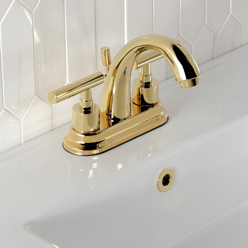 Kingston Brass Manhattan Two-Handle 3-Hole Deck Mount 4" Centerset Bathroom Faucet with Brass Pop-Up, Polished Brass