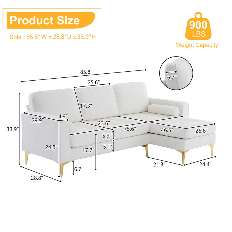 Upholstered 85.83'' Sofa & Chaise, White Polyester Blend