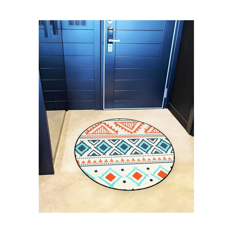 Blue Orange Ethnic Shapes Woven Base Modern Decorative Carpet, Round 5'