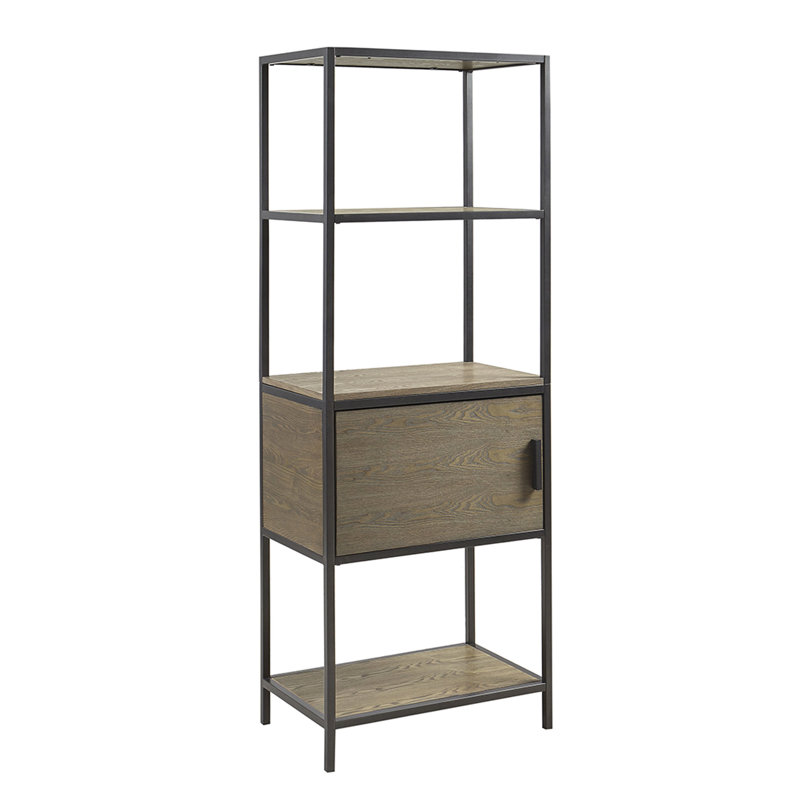 Bibliothèque avec 3 tablettes et structure en métal - Finition noire pour armoire de chambre décorative en bois récupéré gris lisse
