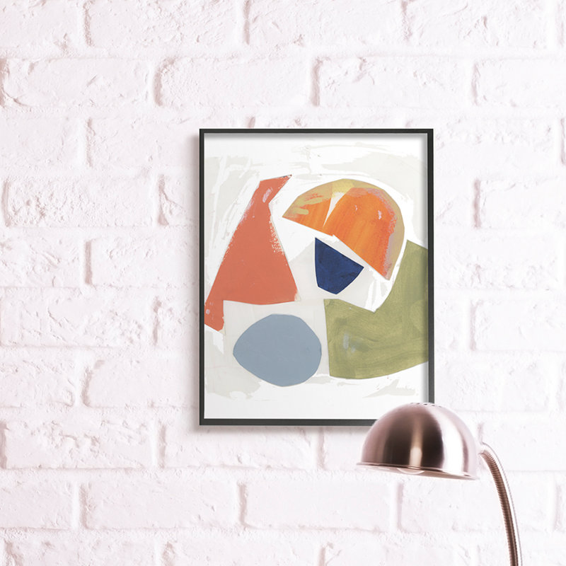 Collage de forme abstraite, orange, vert, bleu par un artiste inconnu - impression, Toile tendue, H 30 po x l 24 po