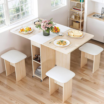 5pcs Dining Room Table and Chair Set with  Drop-Leaf, Modern Folding Dining Table With 6 Wheels And Four Stools,Space Saving Dining Table And Chairs For Dining Room, Kitchen