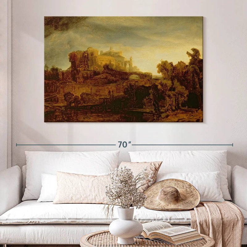Lilie paysage avec un château, H 34 po x l 51 po