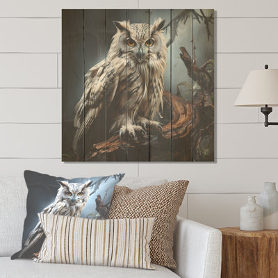 Portrait d'un hibou noir et blanc III - Chouette sur bois