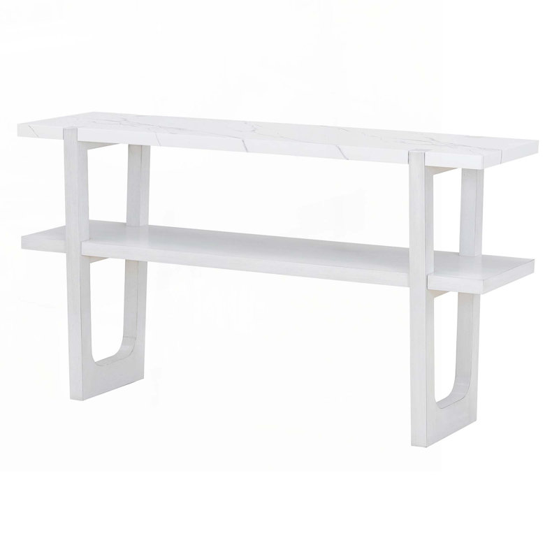 Wood Console Table with  Open Shelf,  Marble-Effect Top, Antique White
