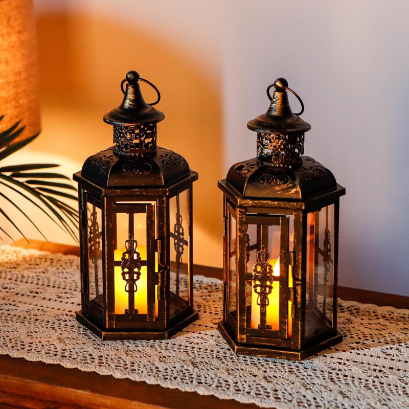 Decorative Candle Lanterns Set of 2 10" H Vintage Hanging Lanterns Metal Candleholders for Indoor Outdoor