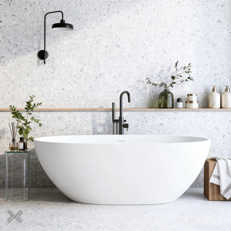 Baignoire de trempage autoportante à surface solide avec trop-plein et bonde escamotable, durable et élégante pour les salles de bain modernes.