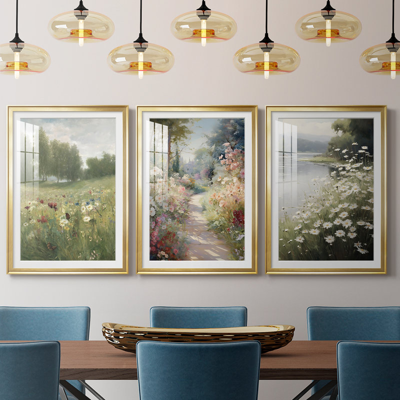 Imprimé floral rétro CCXCVII - impression encadrée sur mesure de qualité supérieure - 3 pièces, H 19 po x l 27 po, Doré