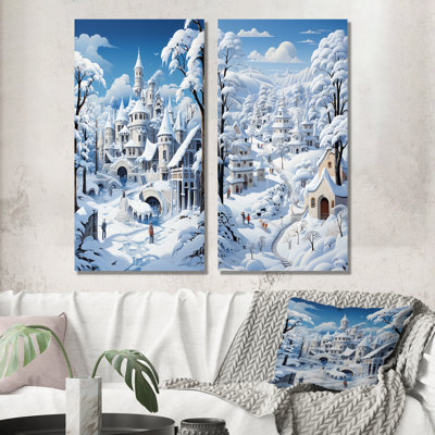«White Winter Village Landscape I - Forest Winter», ensemble de 2 impressions sur toile