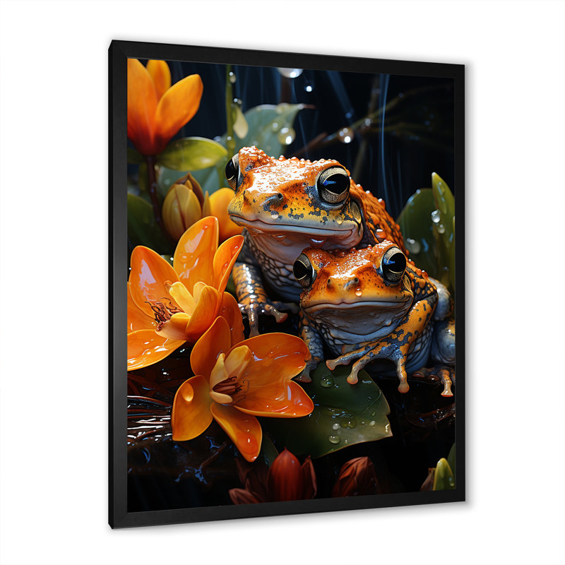 " Orange Frogs On Glass Effect ", 40" H x 30" W x 1.5" D, Black Single Picture Frame