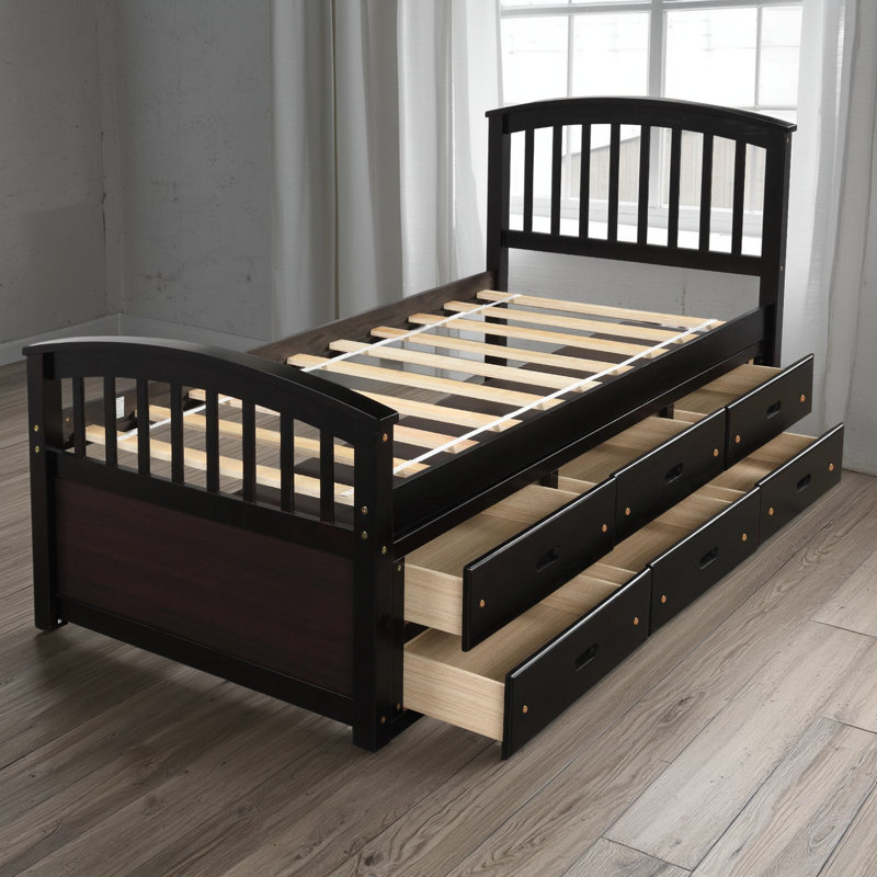 Lit plateforme en bois massif (taille double): comprend 6 tiroirs de rangement, Noir