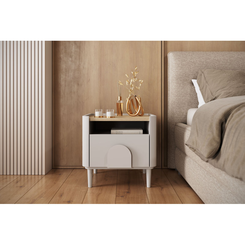 Sadeen 50cm W Manufactured Wood Bedside Table, Beige/Oak