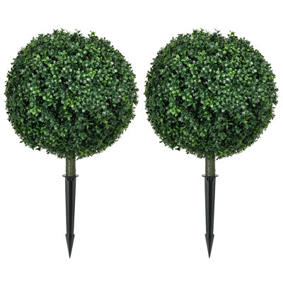 HOMCOM 1.3' (15.7") Artificial Boxwood Topiary Trees with Ground Stake, UV Resistant Set of 2 Ball Shaped Trees, Indoor Outdoor Fake Plants for Home O