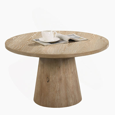 Table basse ronde de style contemporain avec piédestal en forme de cône, finition en bois d'hévéa durable et chêne