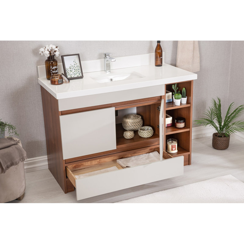 Ensemble de meuble-lavabo simple 47,2 po avec miroir Kylahni, Noyer / Blanc