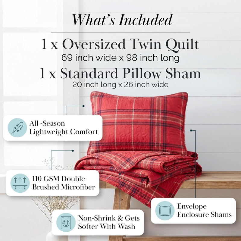Vilano Microfibre Plaid Quilt Set, Red, Twin/Twin XL Quilt + 1 Standard Sham