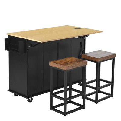 Farmhouse Kitchen Island With Drop Leaf And 2 Seatings, Kitchen Table Set With Storage Cabinet, Drawers, Door Shelves And Power Outlet, Black