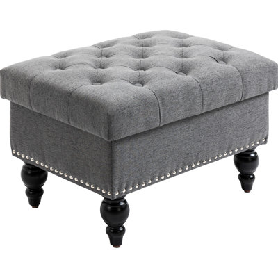25-Inch With Removable Lid And Button- Upholstery, Gray Linen Bench For Living Room Footrest Seat, Wood Legs Studded Trim Top Lid, 25"
