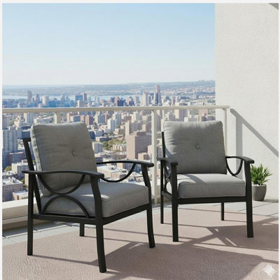 Ensemble de 2 fauteuils en métal toutes saisons, structure noire avec coussins gris