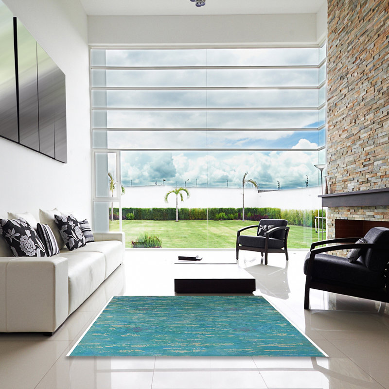 Tapis abstrait bleu sarcelle, Carré 6 pi