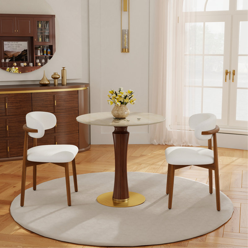 Table de salle à manger ronde Modern, table en pierre grotte 33,5 po avec pieds en bois et base dorée, table de cuisine pour 2 personnes pour un petit espace, capacité de poids de 150 lb