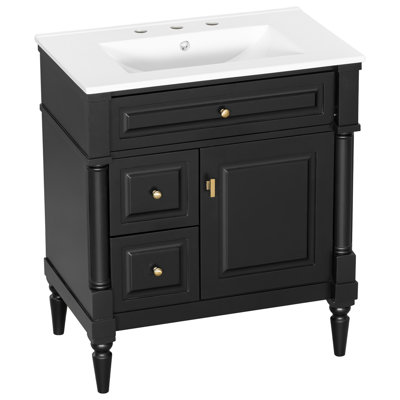 Meuble-lavabo de 30 po avec lavabo, armoire de salle de bain autoportante avec tiroir rabattable et tablette réglable, structure en bois d'hévéa massif, panneaux de fibres à densité moyenne et poignées en métal