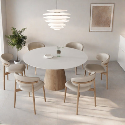 Modern Round Dining Table, White Cream