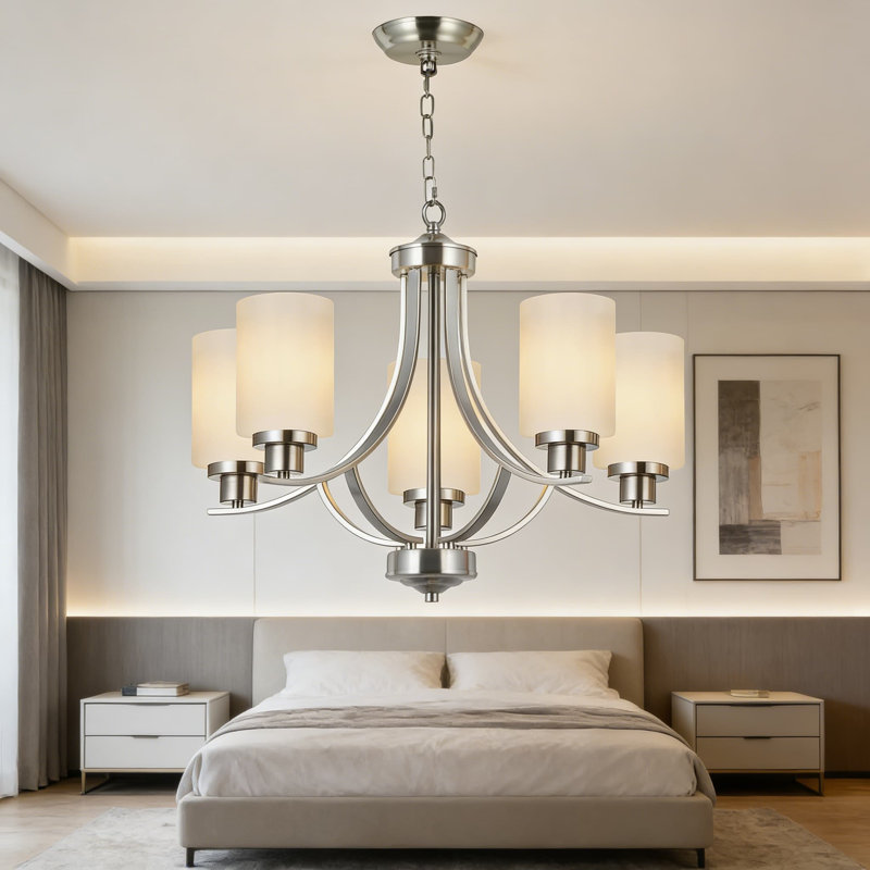 5-Light Traditional Chandelier With Milky White Glass Shades, Brushed Nickel Finish, Adjustable Hanging Length For Dining Room, Kitchen, Foyer, And Bedroom