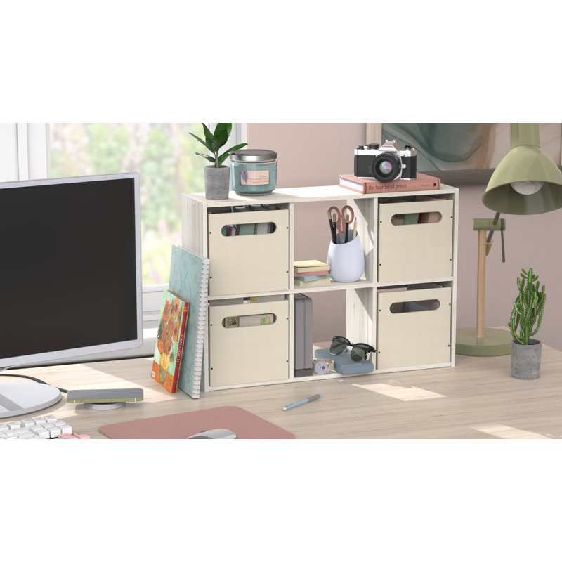 Mini 6-Cube Desktop or Wall Mount Organizer with 4 Collapsible Bins, Bleached Walnut