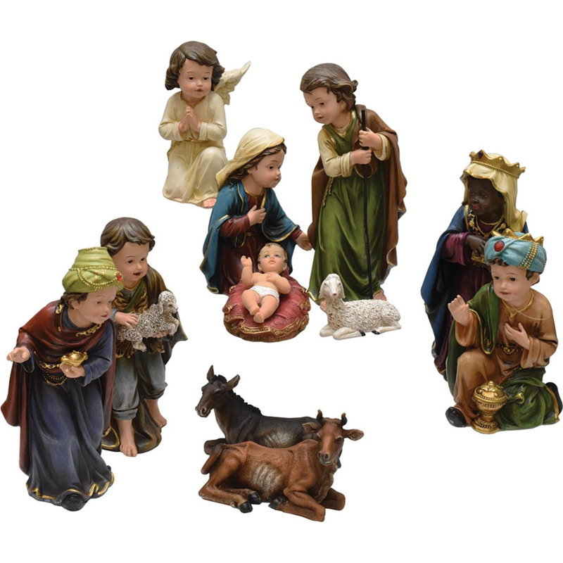 Ensemble de 11 figurines de crèche de Noël inspirantes vertes et bleues pour enfants 7,75 po