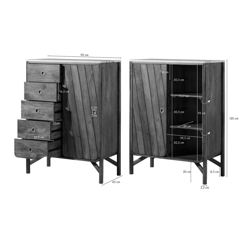 LOS ANGELES 90cm W 5 - Drawer Chest of Drawers, Brown/Beige