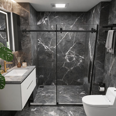 Porte de douche coulissante sans cadre en verre trempé noir mat de 48 po x 72 po avec quincaillerie en acier inoxydable et revêtement facile à nettoyer