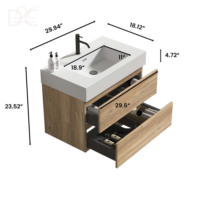 Meuble-lavabo 30 en chêne brut + chêne brut avec lavabo en quartz blanc et tiroirs souples, meuble-lavabo mural flottant pour salle de bain moderne, sans drain ni robinet