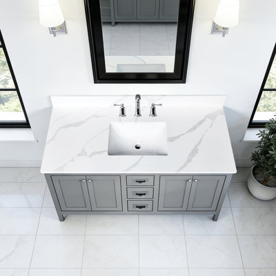 Dessus de meuble-lavabo en quartz blanc de 49 po pour salle de bain, lavabo central encastré simple, dosseret de 4 po de hauteur, 3 trous de robinet pré-percés, salle de bain spacieuse et hygiénique de 49 po de largeur, 22 po de profondeur