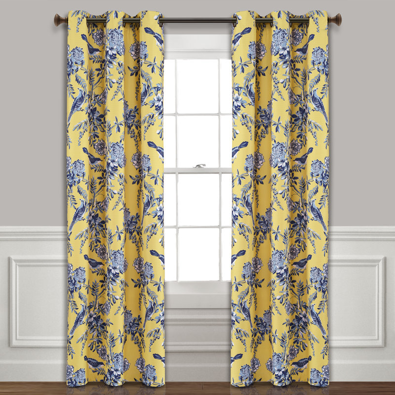 Farmhouse Bird And Flower Curtain Pair, 38" x 84", Yellow