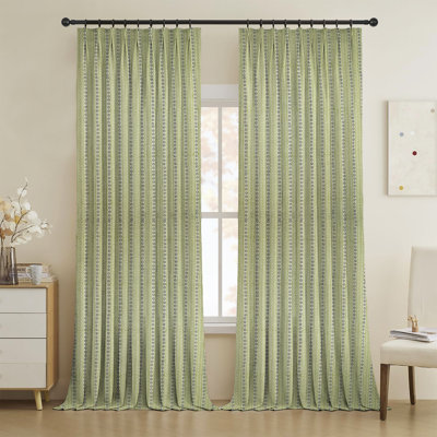 Bohemian Pure Linen Block Print Curtain  Handmade Floral , Soft Green and Blue Pinch Pleated Drapes 100% Blackout, Home Decor or Kitchen, Ethnic Lehariya