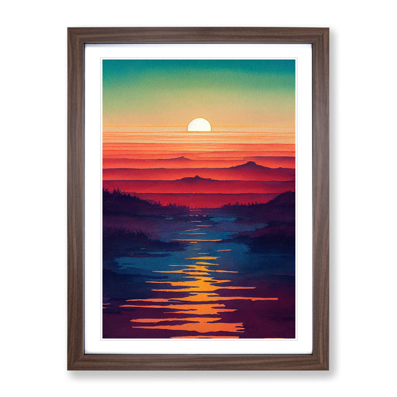 Sunset Over Mountains - Painting, 36cm H x 27cm W x 2cm D, Walnut Framed Paper, White