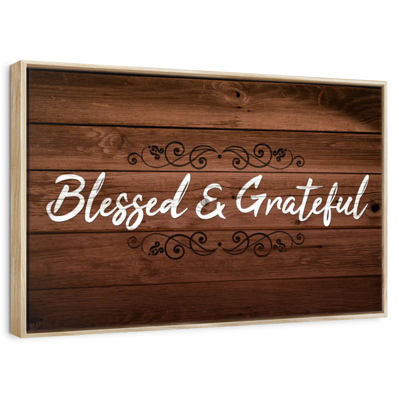 Bienheureux et reconnaissant, typographie I, Cadre flottant en bois naturel, 43 po x 29 po