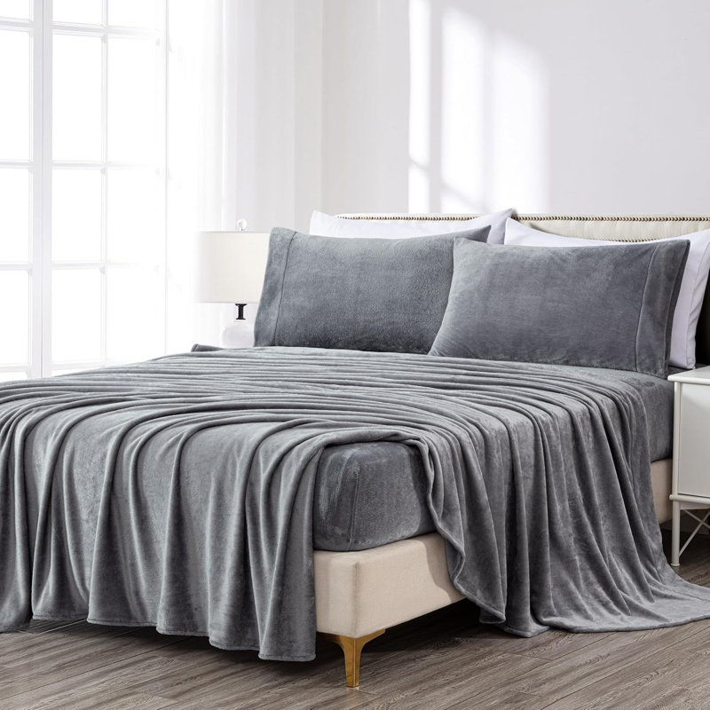 Soft Fleece Sheet Set, Full Sheet Set with 2 Pillowcases, Medium Gray