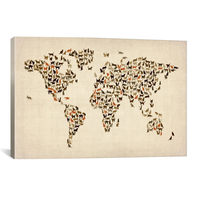 « chats world map ii »-impression sur toile tendue Karlskrona, H 8 po x l 12 po x P 0,75 po, Toile tendue, Pas de tapis