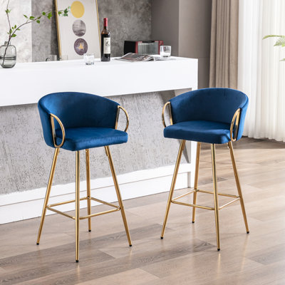 Blue 26 Inch Bar Stools, Of 2, With Footrest And Velvet + Golden Leg, Sophisticated Seating Style 2 Each, Blue, Elegance