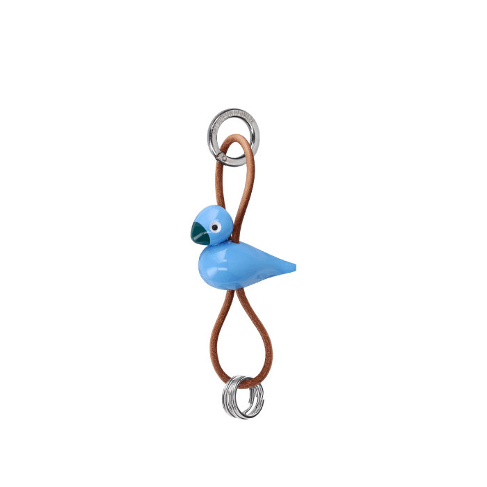 Bird Silver Metal Keychain with Natural Leather, Blue