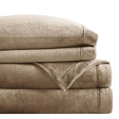 Queen Size 4 Pcs Sheet In Taupe - 100% Cozy Flat Fitted 2 Pillowcases Fits 16" Mattresses Brushed Both Sides Machine Washable Ultra Soft