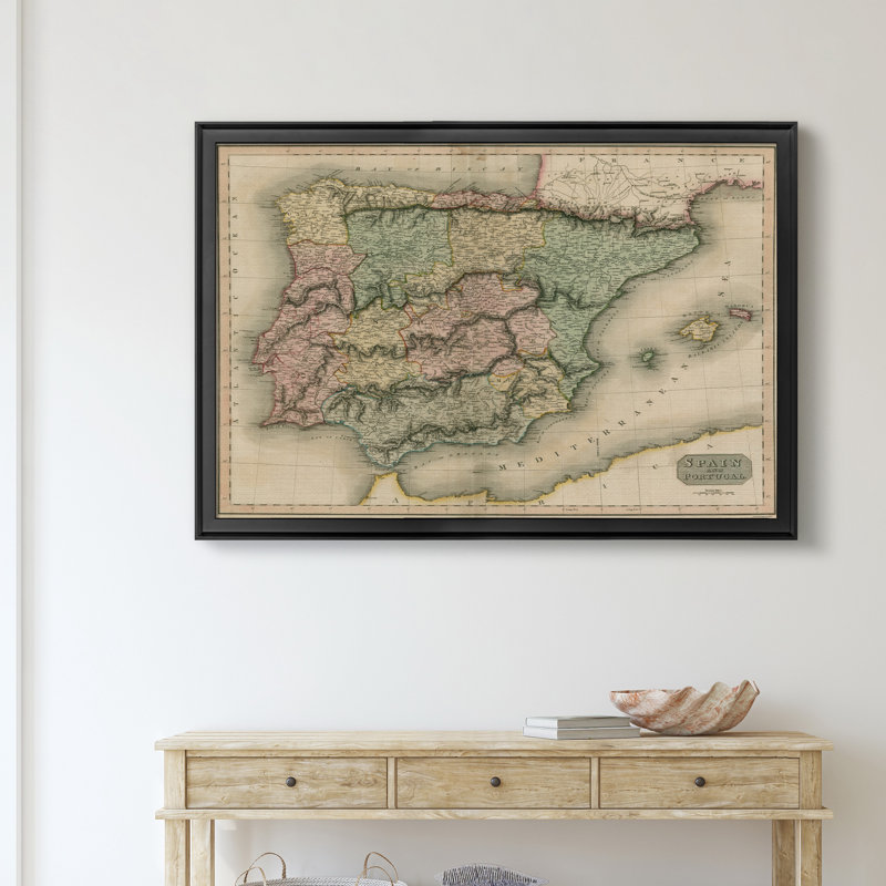 Carte de l’Espagne-impression d’art graphique sur toile encadrée, H 30,5 po x l 42,5 po x P 1,5 po, Cadre noir