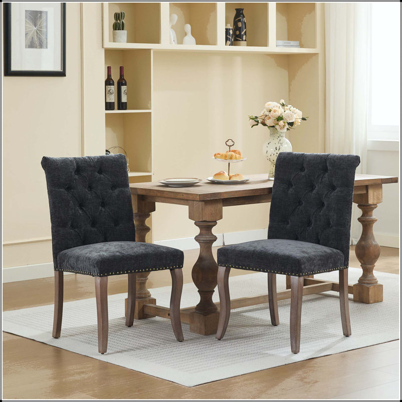 Ensemble de 2 chaises de salle à manger rembourrées en chenille avec pieds courbés en bois massif, Noir, Noir