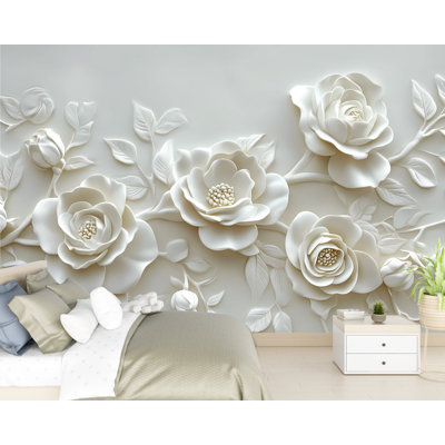 Papier peint à motif de fleurs 3D en porcelaine avec pétales doux - Papier peint élégant pour espaces minimalistes, chambre de luxe ou murs intérieurs classiques