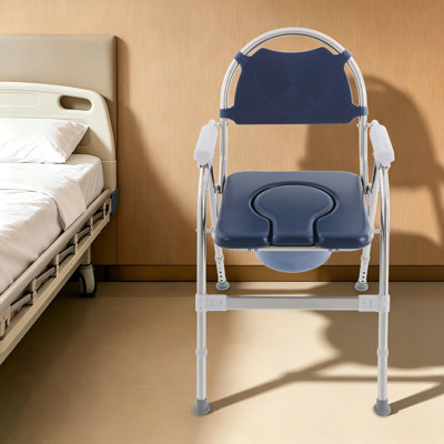 Foldable Toilet Chair Height Adjustable Stainless Steel Toilet Seat Commode Chair with Padded and Toilet Bucket for Elderly Pregnant Disabled Users