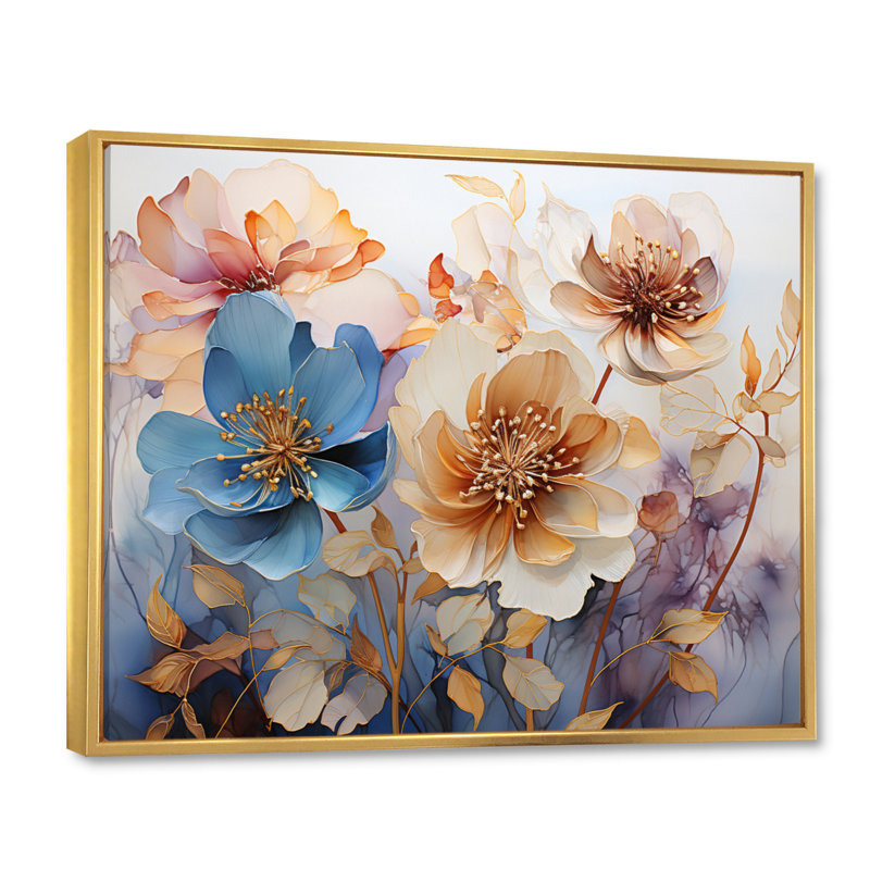 Fleurs bleues mystiques - imprimé, H 12 po x l 20 po x P 1 po, Cadre flottant doré
